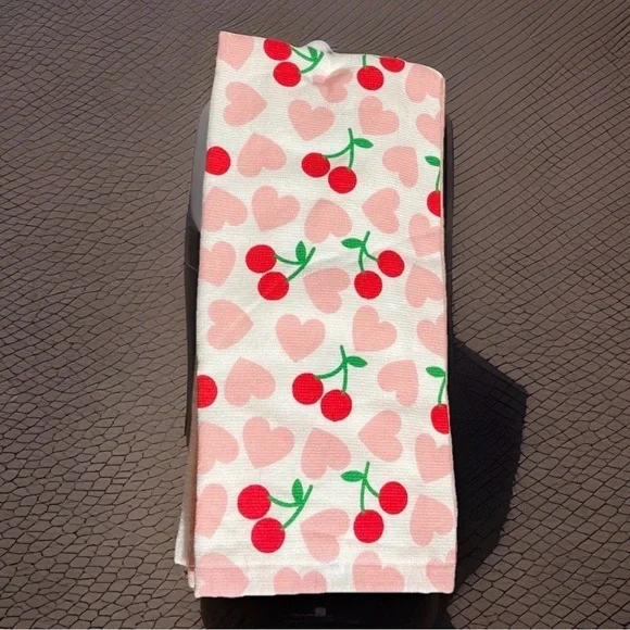 NEW Casaba Embroidered Kitchen Towel Set of 3 Hearts Solid Pink Cherries Cotton - Picture 5 of 7